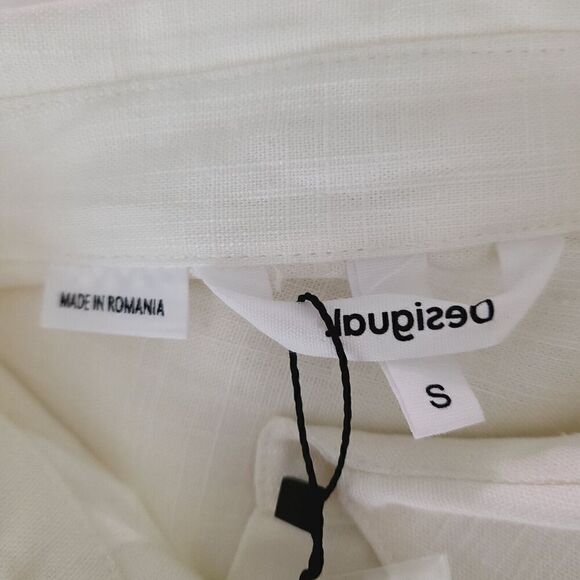 NEW Desigual blouse S Cream Pink Floral Linen Blend Buttoned Short Sleeve Top - Picture 8 of 11